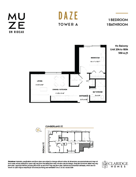 Floor plan for 1 bed, 1 bath, 569 sqft
